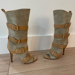 Giuseppe Zanotti high heel beige and suede leather open toe boot. Size 36.5